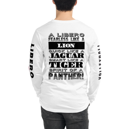 On the back in large black font is one of the fun Volleybragswag libero volleyball sayings...

A

LIBERO

Fearless like a LION

Quick like a JAGUAR

Smart like a TIGER

Spirit of a PANTHER