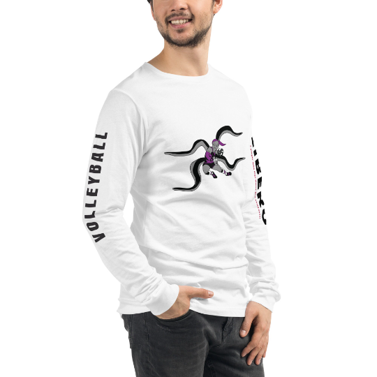 Long sleeve white shirts for volleyball with O.I. Gotchu the Volleybragswag libero Octopus.