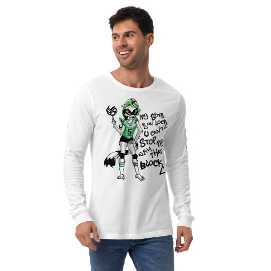 long sleeve shirt Ricci the raccoon setter. The volleyball setter shirts in my Volleybragswag shop are cute, comfy, creative and let me add they're shirts that make great gifts for volleyball players.