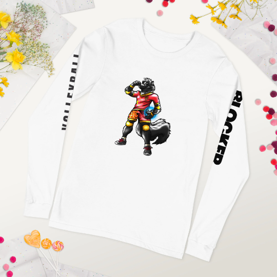 This animal lover t shirt features our Volleybragswag Skunk on the front  Long sleeve shirts for volleyball players who play like beasts starring Stank the Skunk  Meet Stank the Skunk BLOCKER on the All Beast Second Team