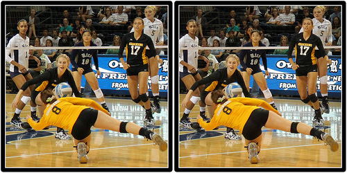 A volleyball defensive player like a libero or defensive specialist needs to be aggressive in the backrow while passing, digging and communicating well. (photo  Michael Johnston)