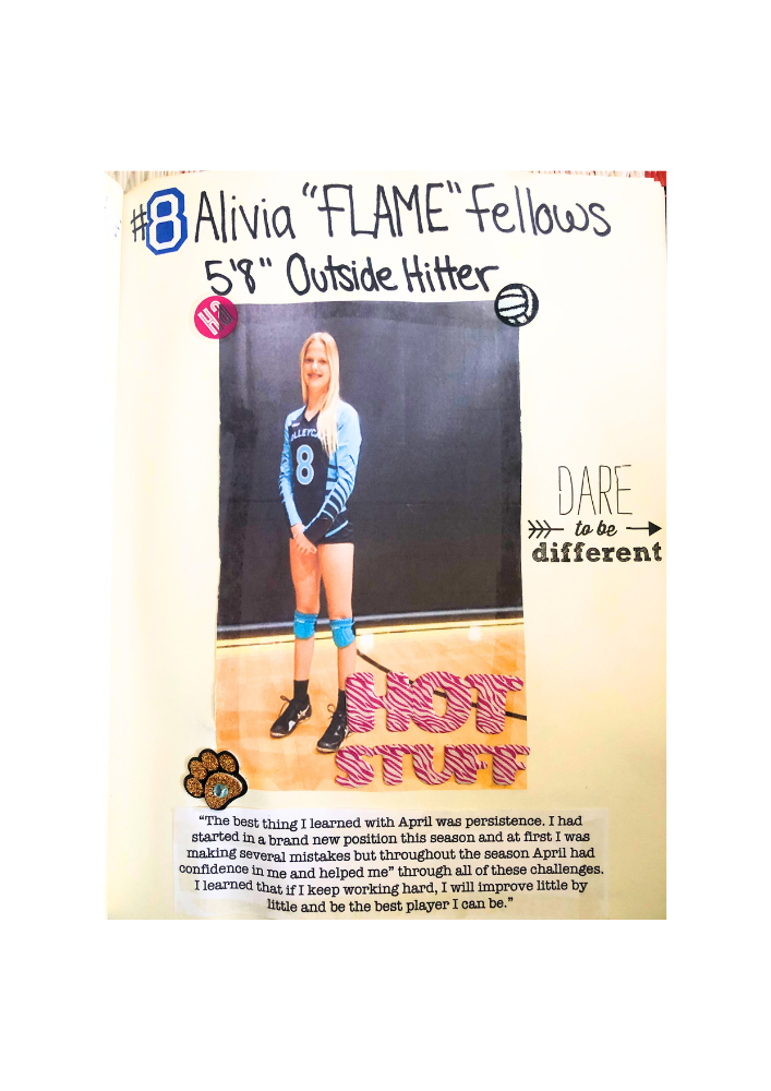 April Chapple Volleyball Coach Testimonials -

"The best thing I learned with April was persistence. I had started in a brand new position this season and at first I was making several mistakes but throughout the season April had confidence in me and helped me" through all of these challenges. I learned that if I keep working hard. I will improve little by little and be the best player I can be."

-Alivia Fellows