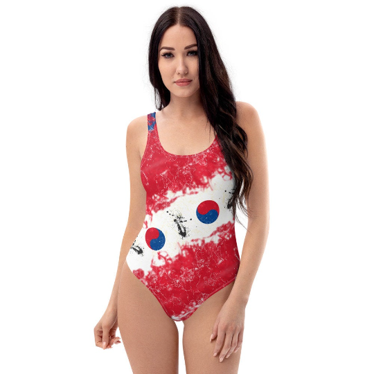 Red tie dye one piece swimsuit inspired by the Korean flag.