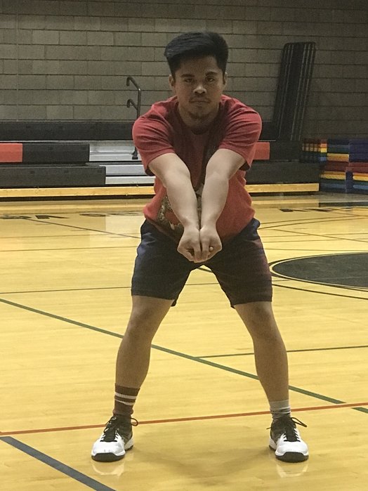 Passing is done when you hold both wrists together and with both thumbs side by side and pointing to the ground as you contact the ball on the  forearms of both arms. (April Chapple)