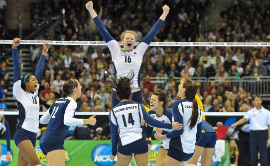 Katie Slay celebrates with 7-time NCAA Womens Volleyball Championship winners Penn State Nittany Lions (Penn State News)