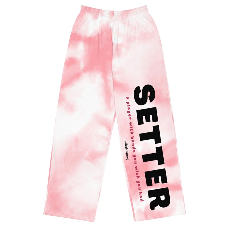 Shop my line of pink and white tie dye Setter Volleyball Wide Leg Pajama Pants with deep pockets and drawstring by Volleybragswag on ETSY.