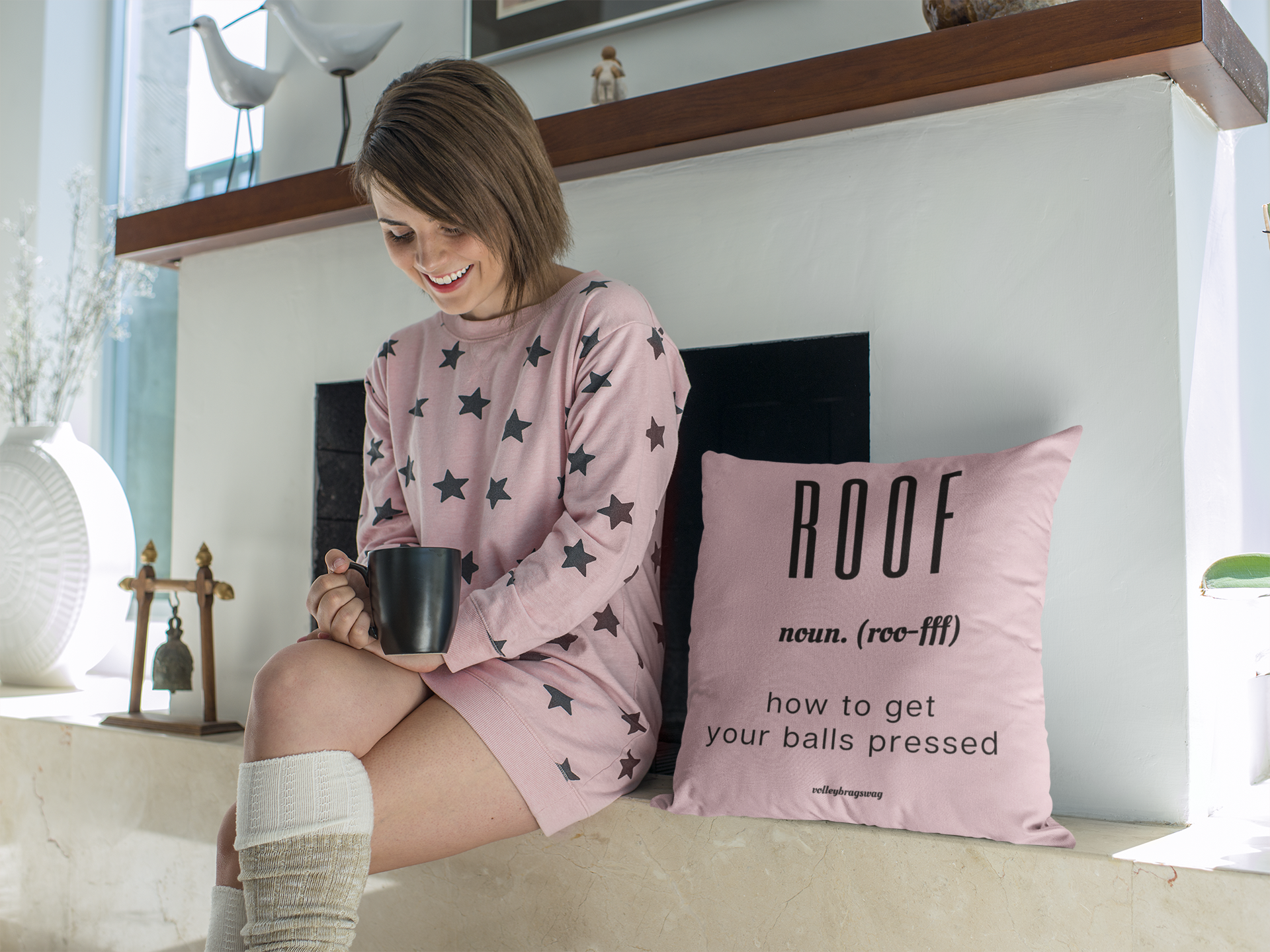 ROOF (noun) How To Get Your Balls Pressed volleyball pillow. April Chapple, Launches a Hilarious Volleyball Pillow Line With Fun Tongue-in-Cheek Designs sure to make players laugh.