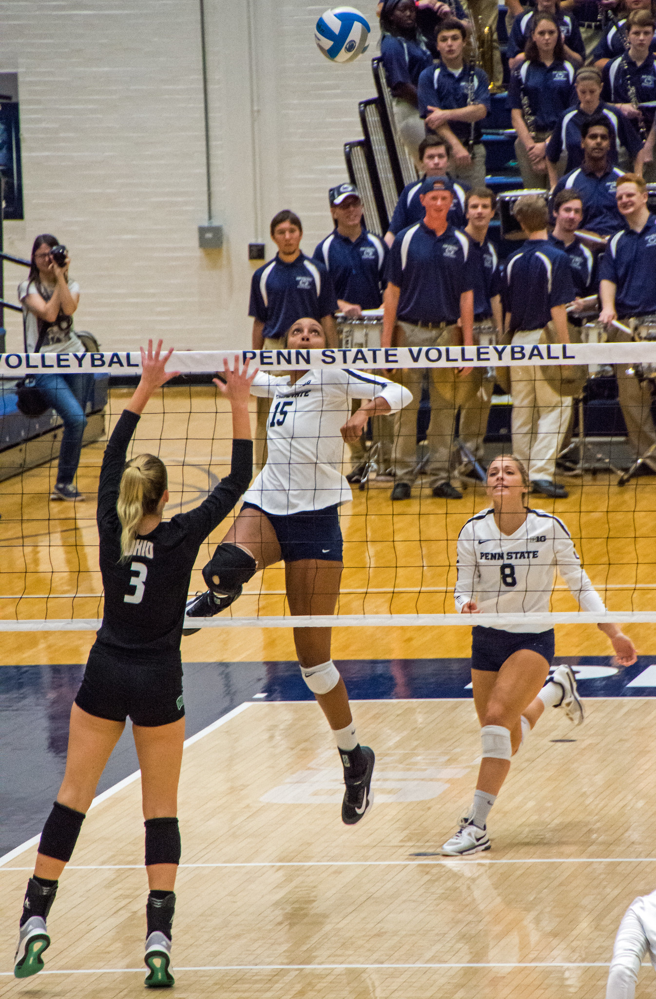 Middle Blocker Training For Players On Defense at the Net: Penn State middle hitter Haleigh Washington hits the slide. Is their something you need to check or fix with your volleyball technique when blocking? (Ralph Aversen photo)