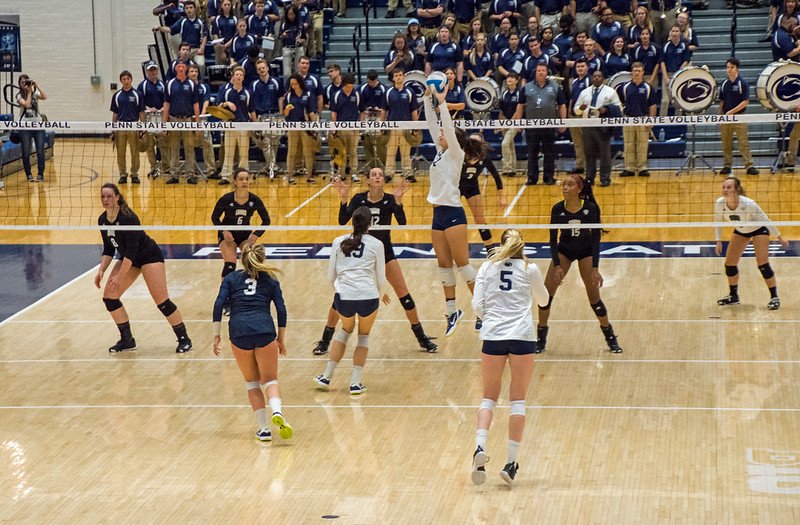 In basic rules of volleyball two teams compete on one court with a net between them. A rally starts with a serve and each team has 3 contacts. One player, one contact. 