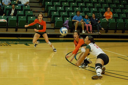 Volleyball Skills For Digging: A List of 9 Volleyball Basic Dig Steps: The dig volleyball definition for two terms with explanations for an "up" and what "tagged" means which describe what happens in back court defense. 
(photo by rraiderstyle)