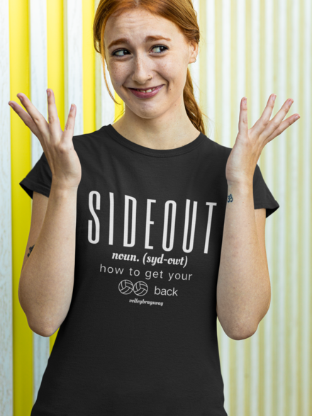 The SIDEOUT how to get your balls back volleyball shirt is available on Amazon. A volleyball sideout happens when the team in serve receive wins a rally, they earn a point for their team, they rotate one position, and a new server earns the right to serve to start the new rally.