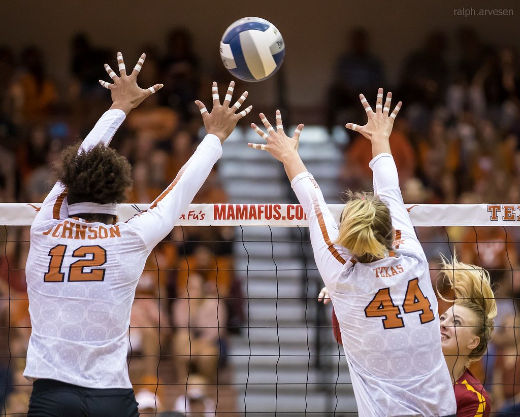 Volleyball blocking tips: Texas Longhorns double blockers are front row players in defense who are allowed to block a volleyball. (Ralph Aversen)