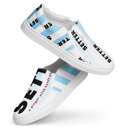 How cute are these blue and white womens slip on canvas shoes with the catchy volleyball slogan "SETTER
A player who sets dimes you could never" available on shoes and shirts in my ETSY shop.