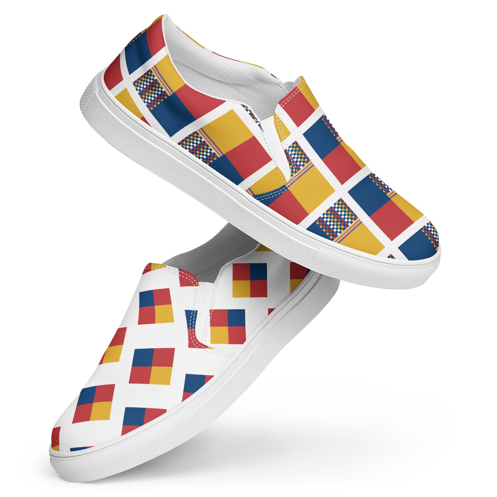 The "SerbiaSquares" are Women Canvas Slip On Shoes in the 2024 ACVK shoe line that make good volleyball gifts for volleyball coaches and players who are creatives who like to wear unpredictable patterns and designs off the court with their street or workout wear.